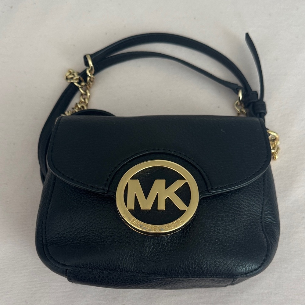 Michael Kors Black Leather Crossbody with Gold MK Medallion